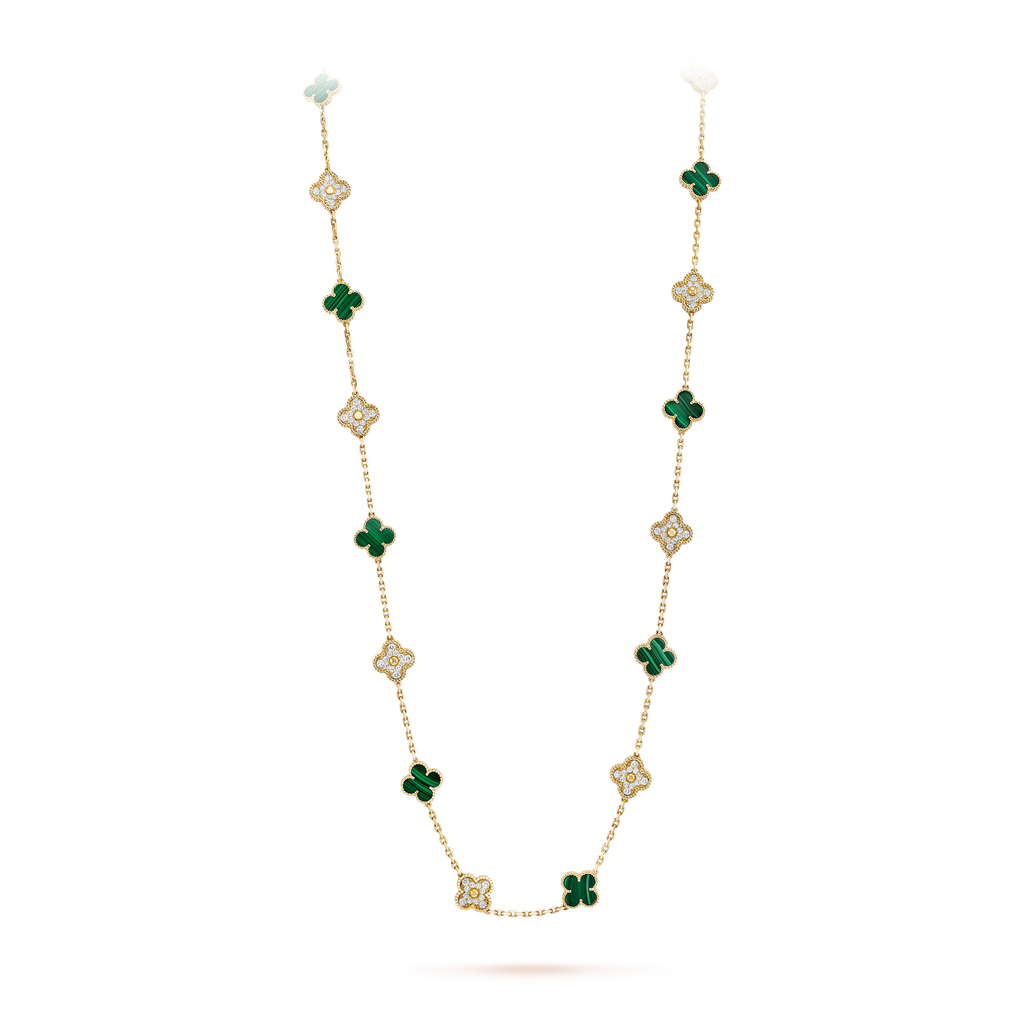 Malachite & Diamanté Clover Motif Long Necklace