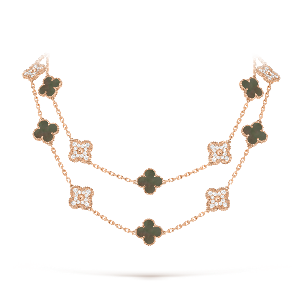 Black Mother-of-pearl & Diamanté Clover Motif Long Necklace