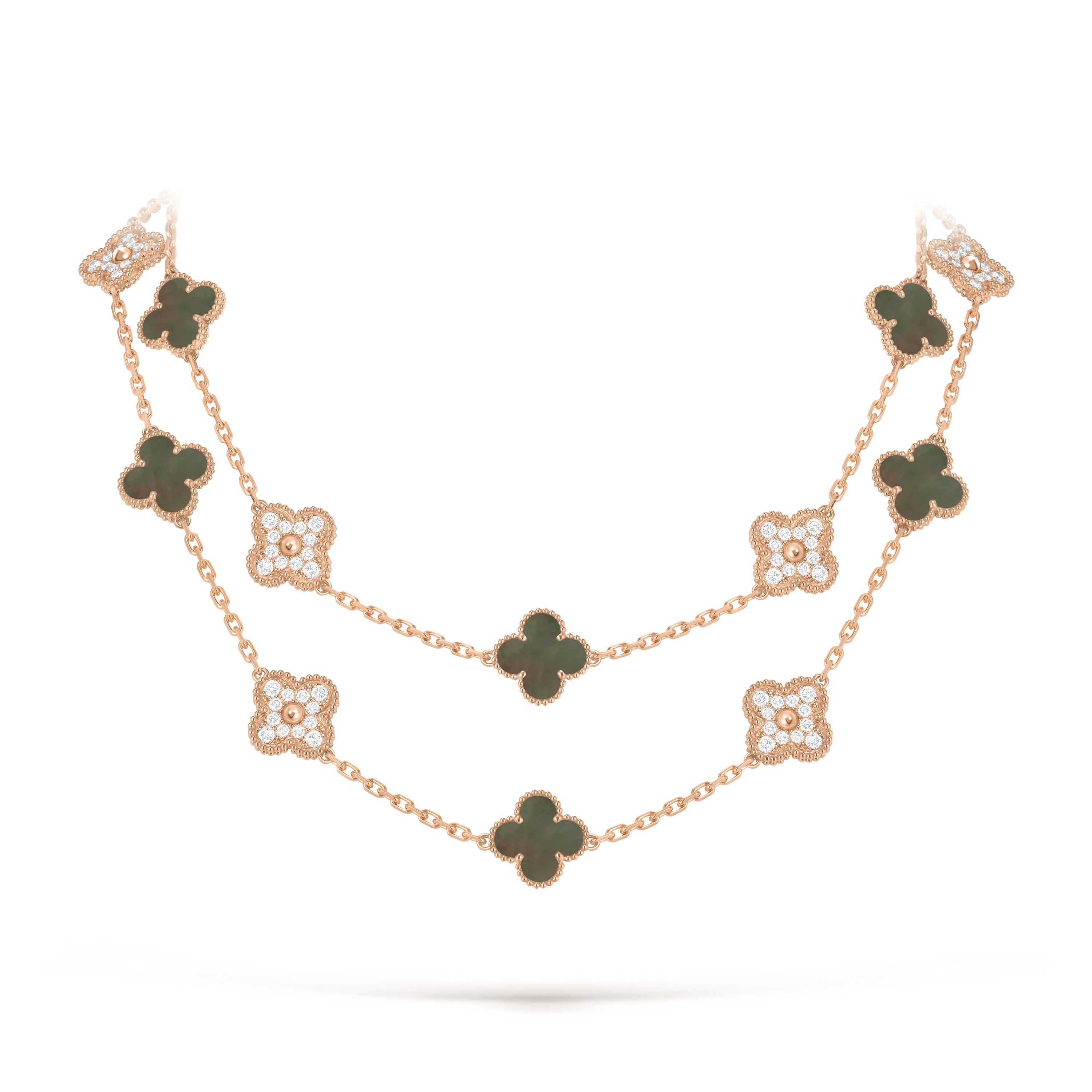 Black Mother-of-pearl & Diamanté Clover Motif Long Necklace