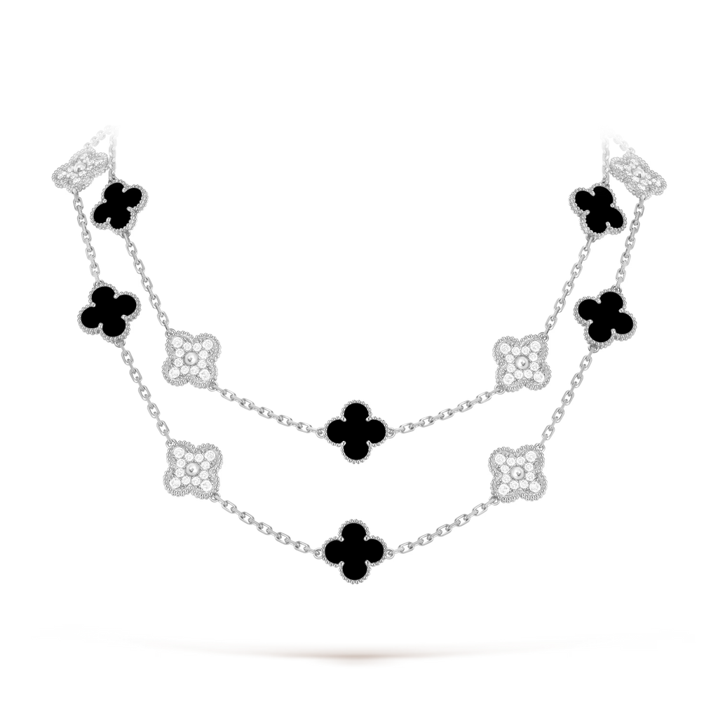 Onyx & Diamanté Clover Motif Long Necklace