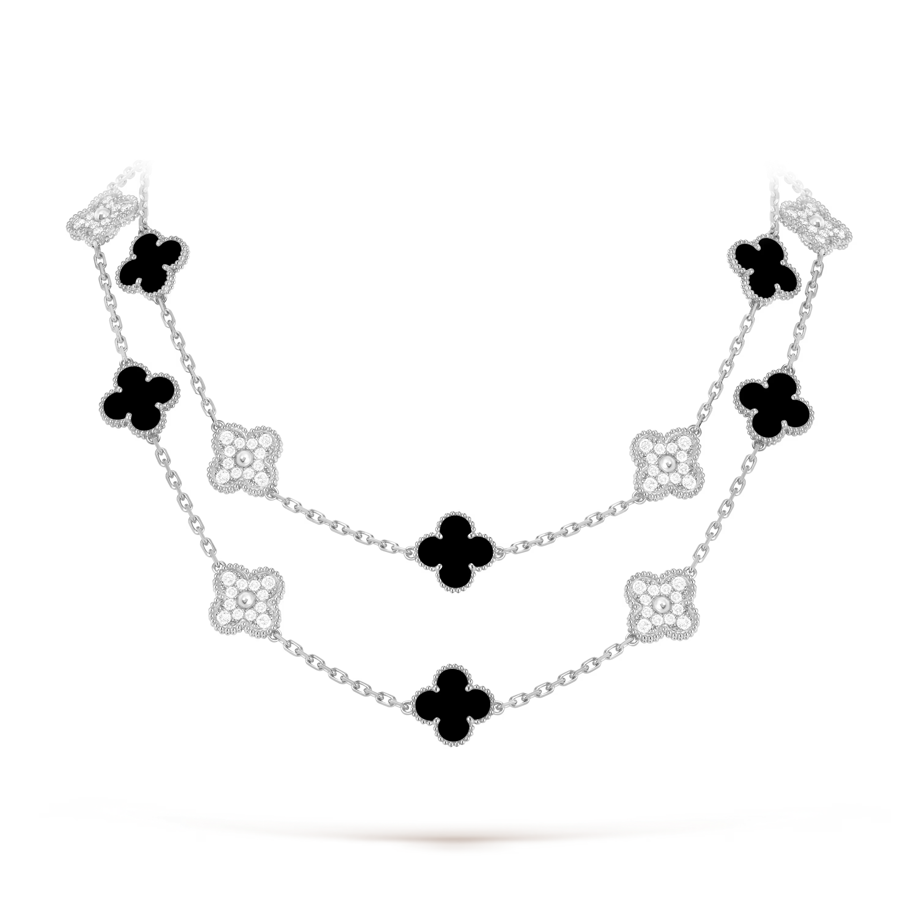 Onyx & Diamanté Clover Motif Long Necklace