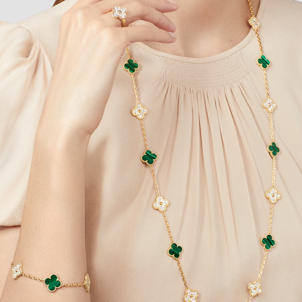 Malachite & Diamanté Clover Motif Long Necklace