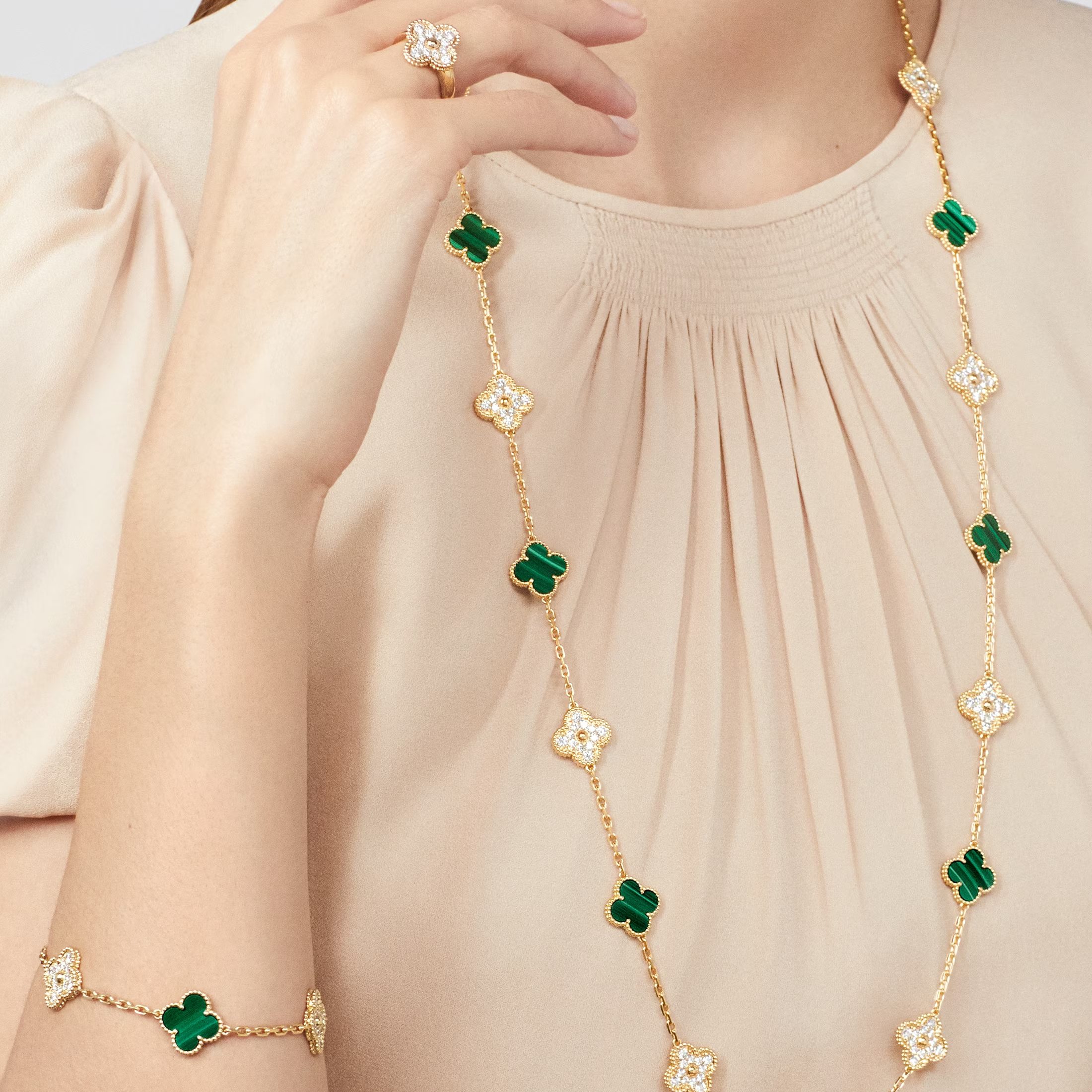 Malachite & Diamanté Clover Motif Long Necklace