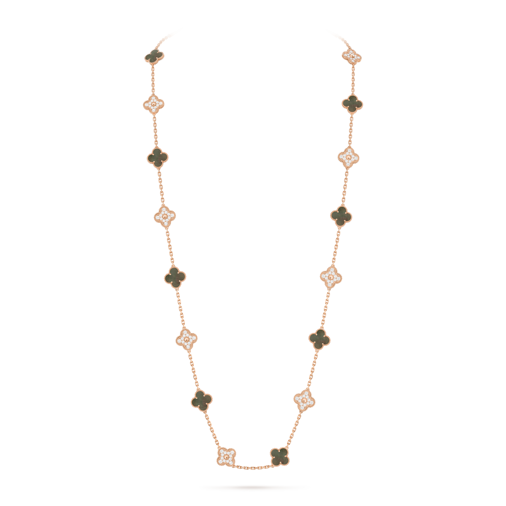 Black Mother-of-pearl & Diamanté Clover Motif Long Necklace