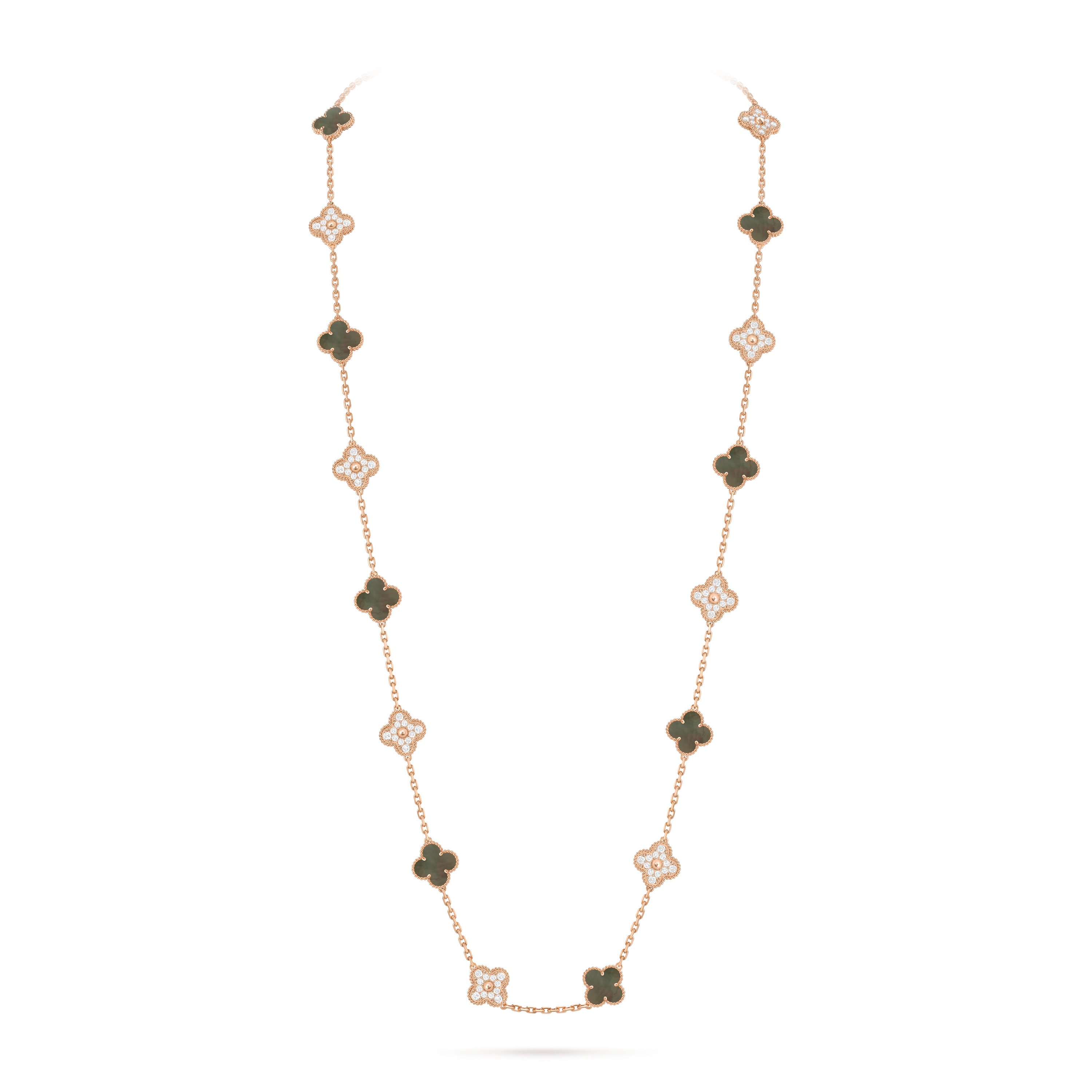Black Mother-of-pearl & Diamanté Clover Motif Long Necklace