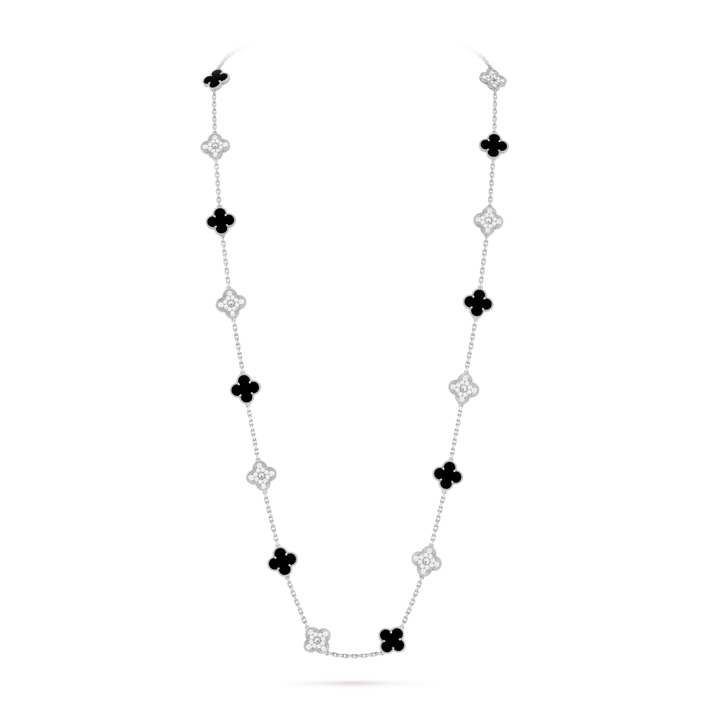 Onyx & Diamanté Clover Motif Long Necklace