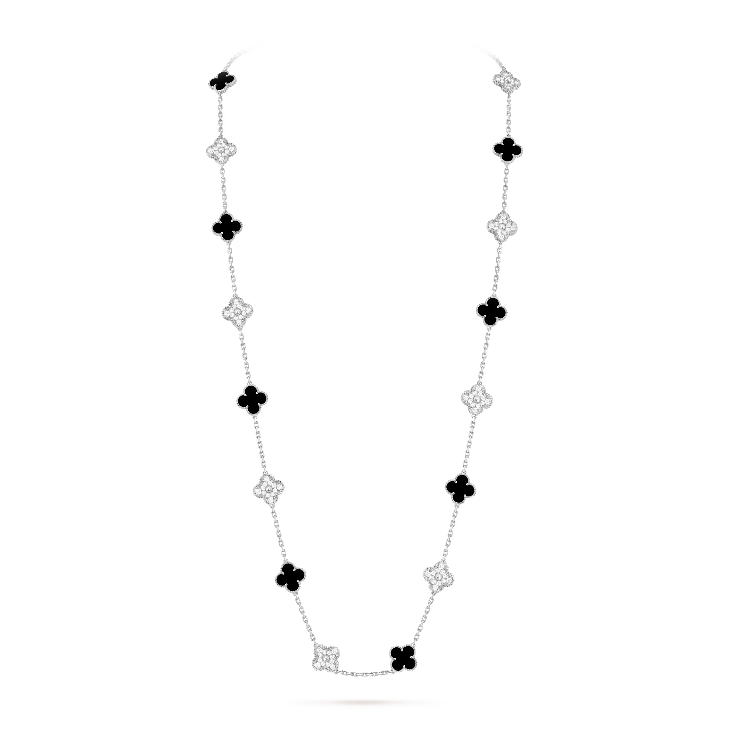 Onyx & Diamanté Clover Motif Long Necklace